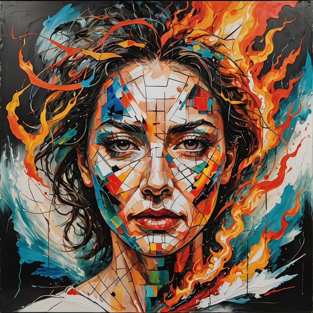 Fiery Geometric Woman: Abstract Expressionist Portrait