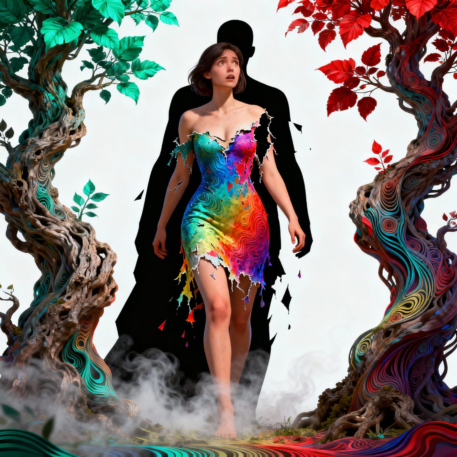 Woman Emerging from Shadow in Abstract Vector Fractal Style