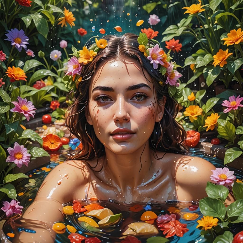 Woman Bathes in a Hyperrealistic Garden of Eating