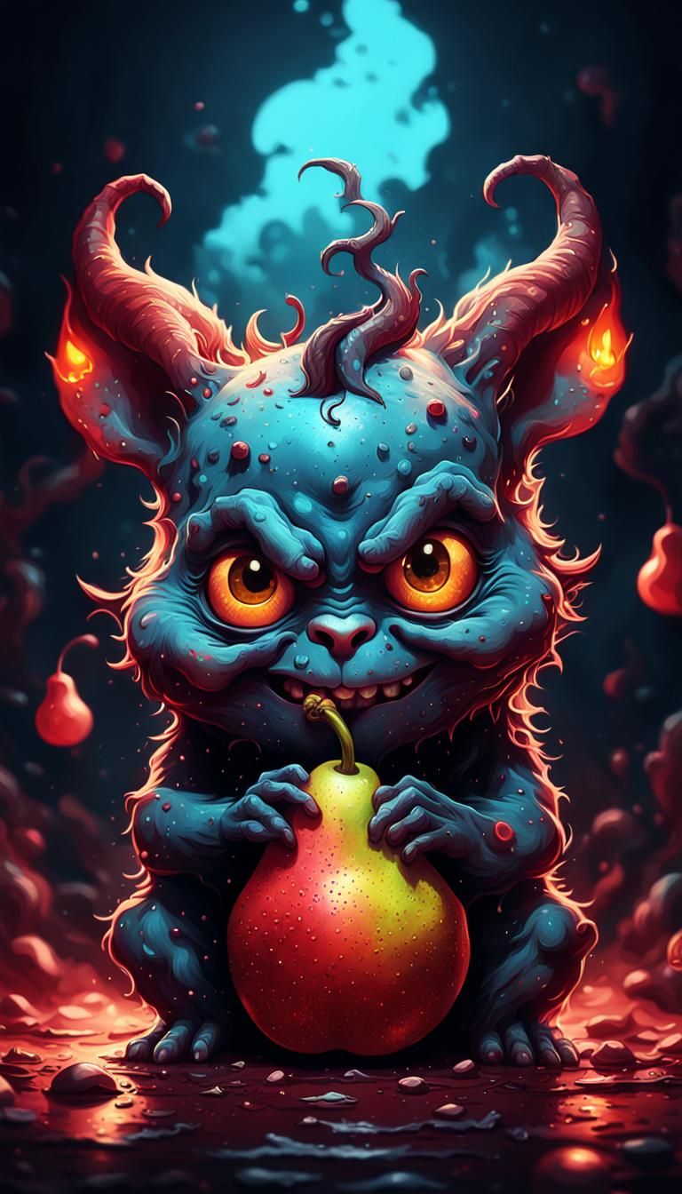 Adorable Devil Pear in Dark Digital Art Style