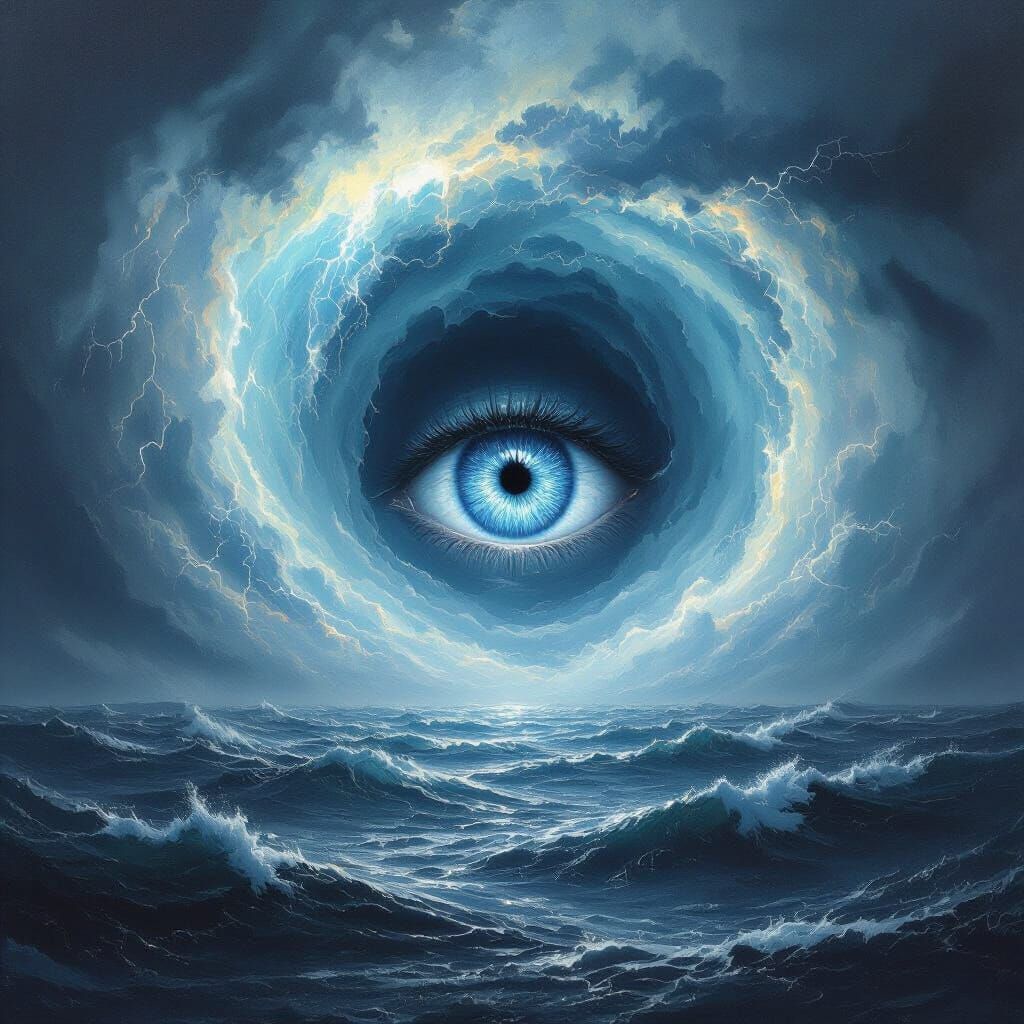 Colossal Hurricane with Luminous Blue Eye Gazing Upwards