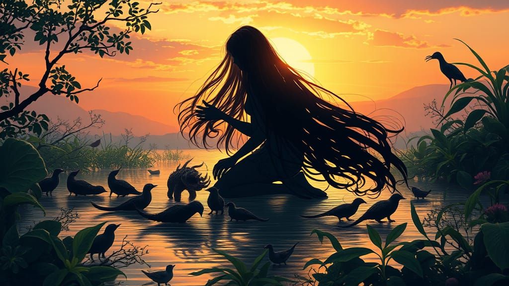Mystical Myth Figure in Entangled Sunset Landscape