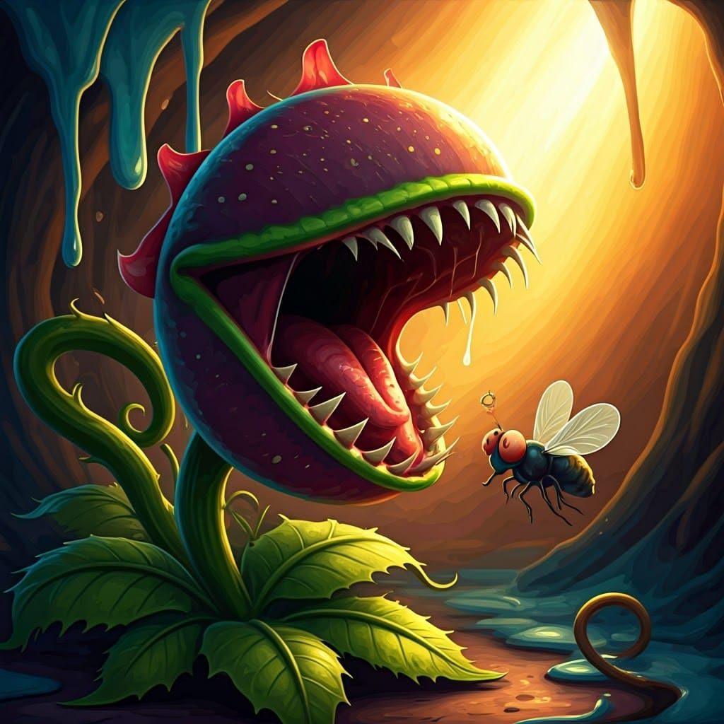 Giant Cartoon Flytrap Snaps at Comically Stylized Fly in Sur...
