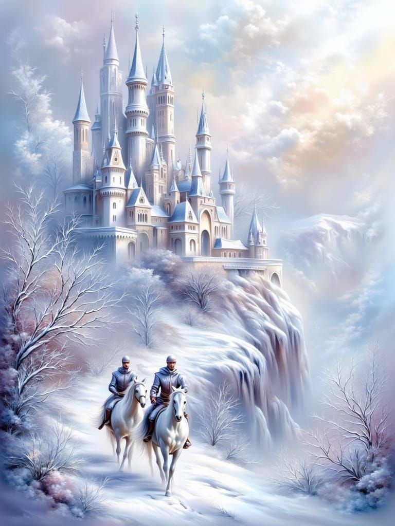 Winter Castle in a Snowy Landscape with Knights and Horses