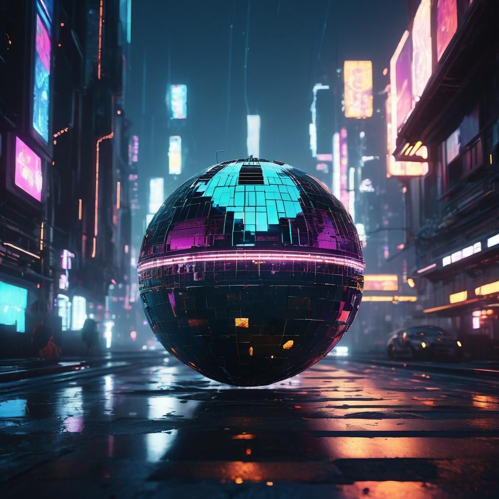Cyberpunk Cityscape with Giant Disco Ball