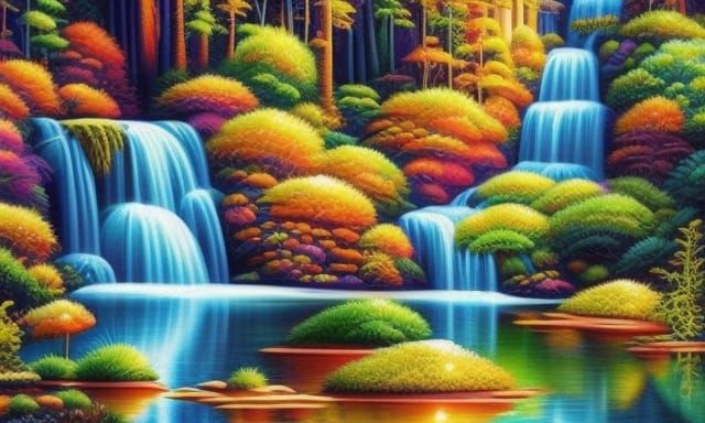 Fantasy Landscape with Temple and Waterfall