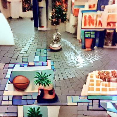 Indoor Street with Tiled Fountain in 90s Style