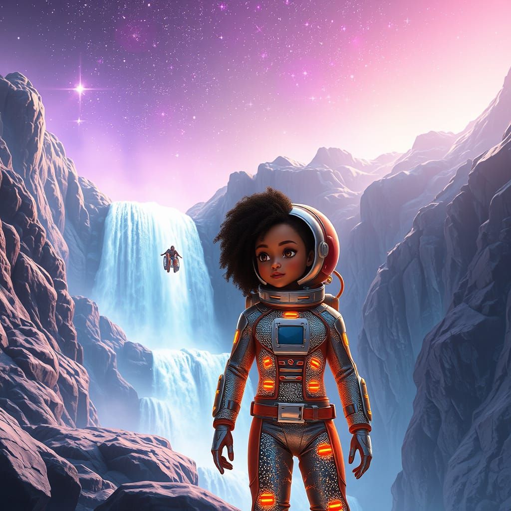 Cyberpunk Waterfall Planet with Adventurers in Rafts