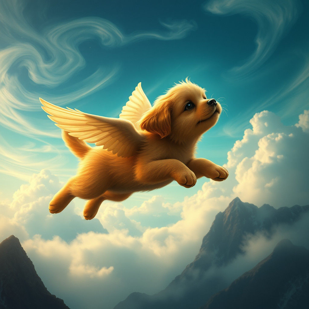 Majestic Flying Puppy in Dreamlike Landscape