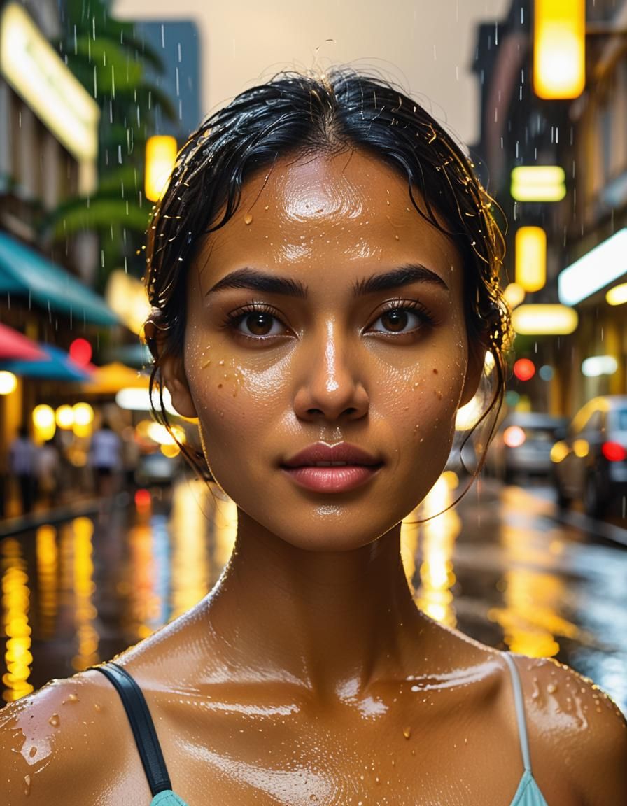 Indonesian Woman in Rainy Cityscape, Photorealistic Style