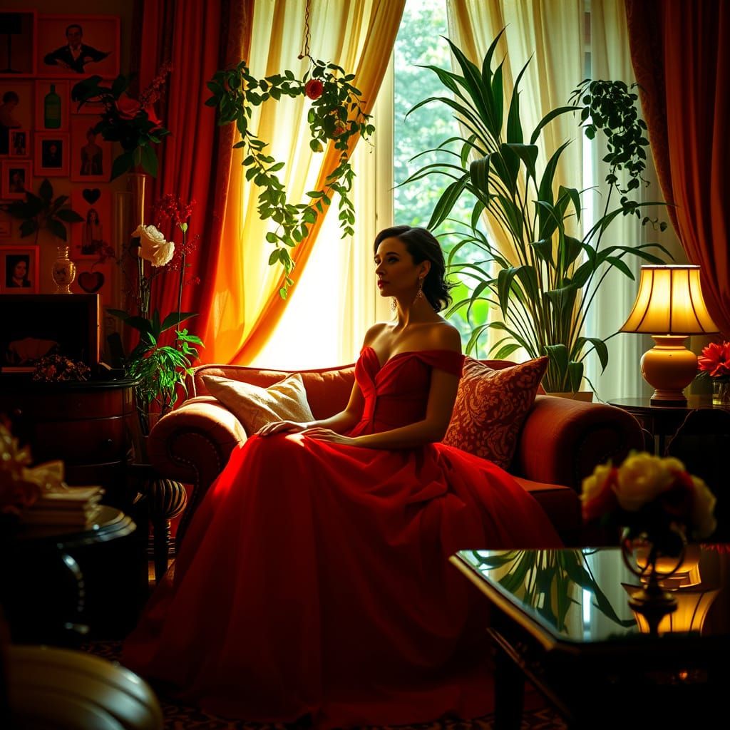 Surrealist Goddess in Luminous Living Room