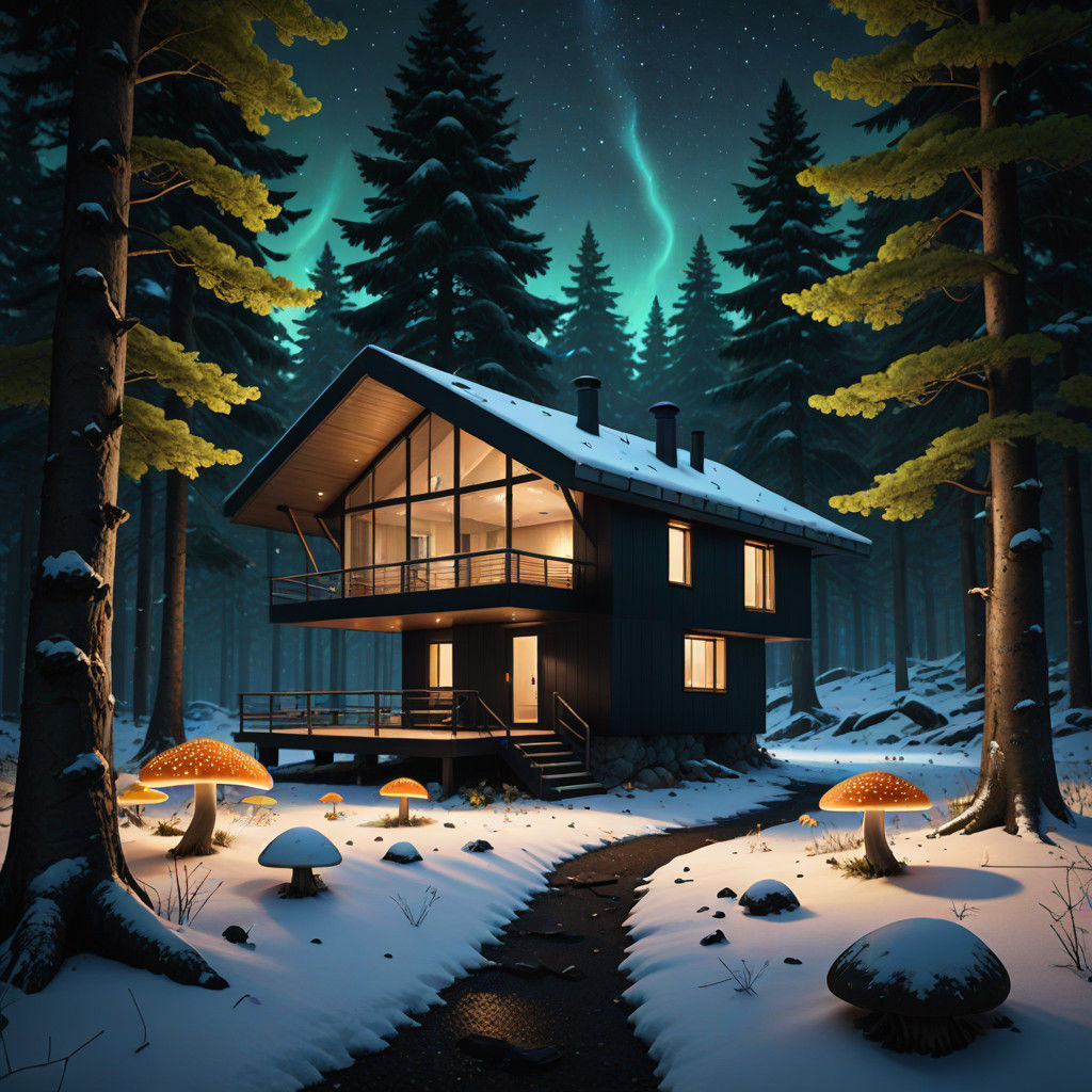 Glass Mountain Cottage under Starry Night Sky