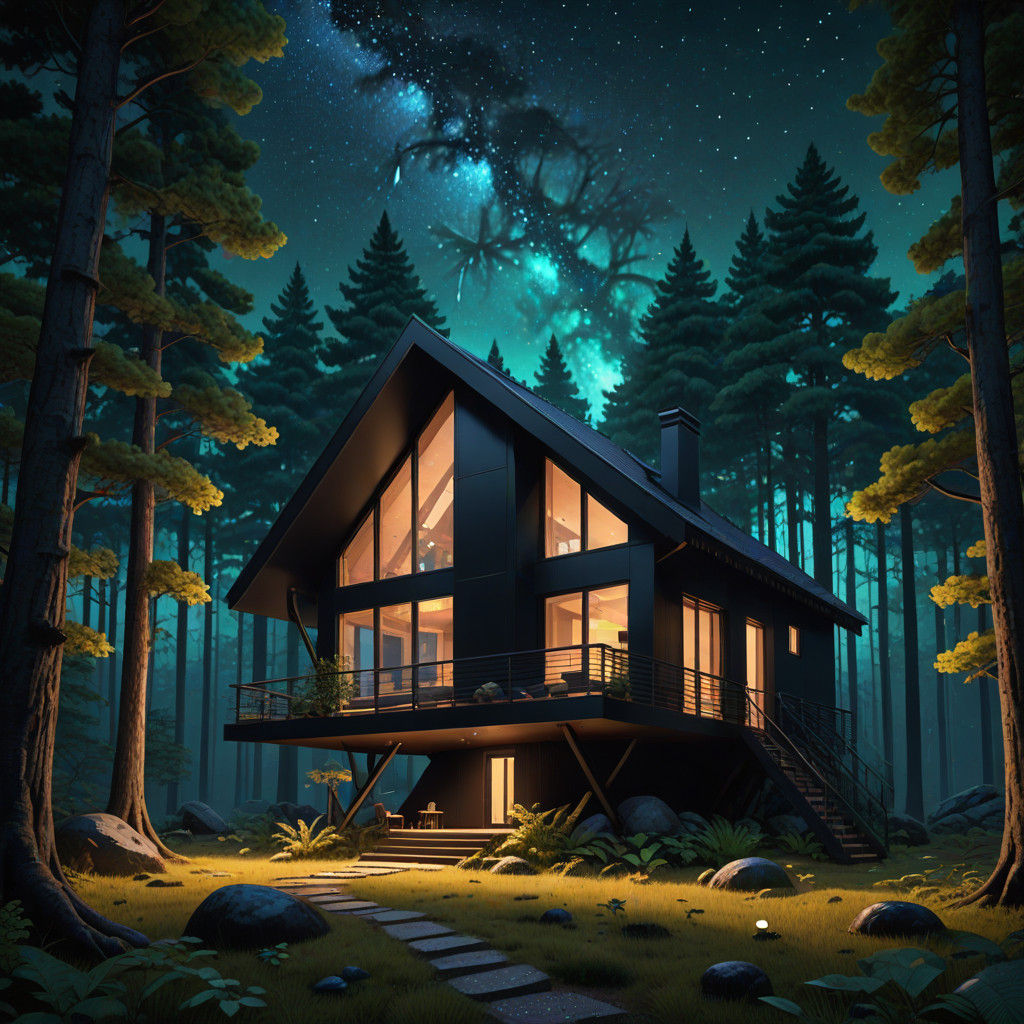Angular Mountain Cabin in Starry Night Forest Landscape