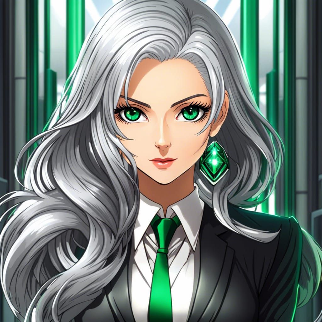 Anime Woman with Silver Hair in Office