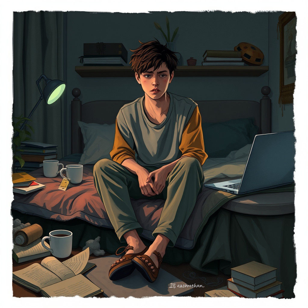 Cinematic Bedroom Scene of Exhausted Young Adult