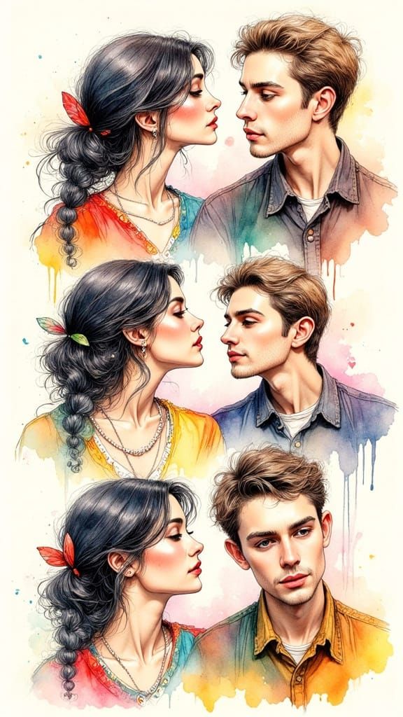 Couple's Playful Photo Booth in Vibrant Ink Drawing Style