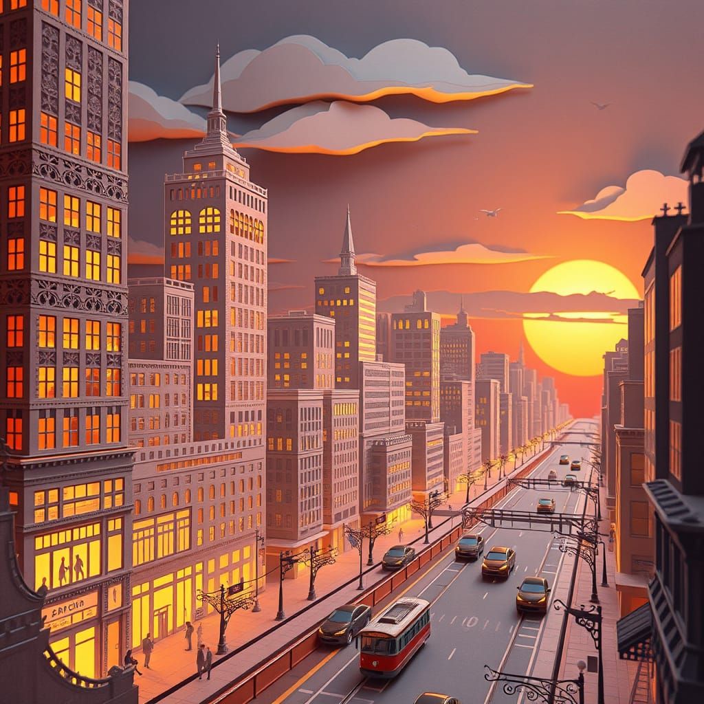 Papercut Cityscape at Dusk with Ornate Facades