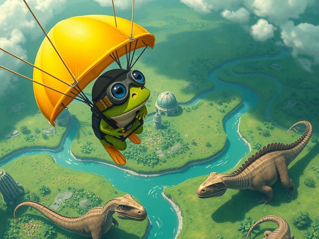 Chibi Frog Parachutist Over a Whimsical Landscape