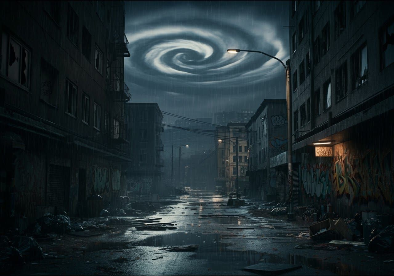 Rainy Cityscape in Gritty Cinematic Style