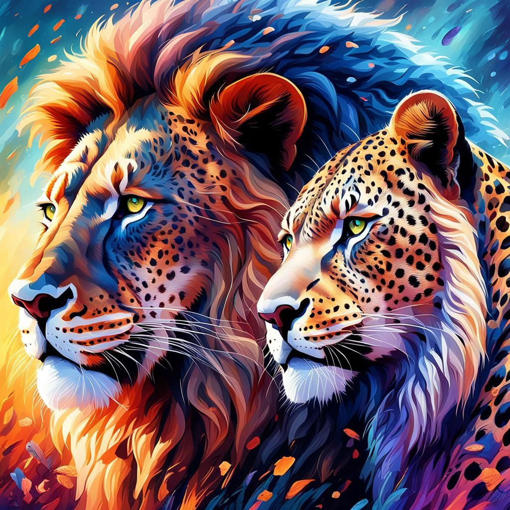 Majestic Lion and Leopard Portrait in Painterly Style