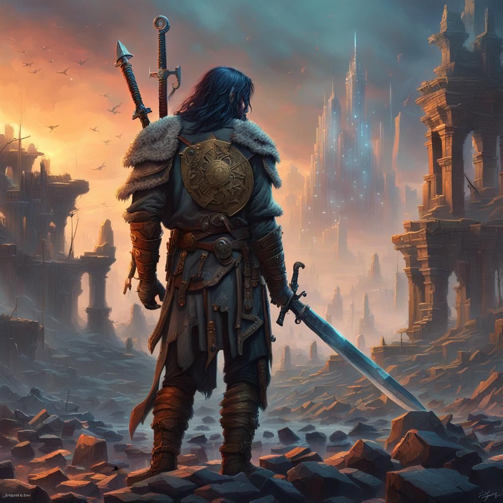 Mystical Warrior in Ruined City: Digital Matte Painting