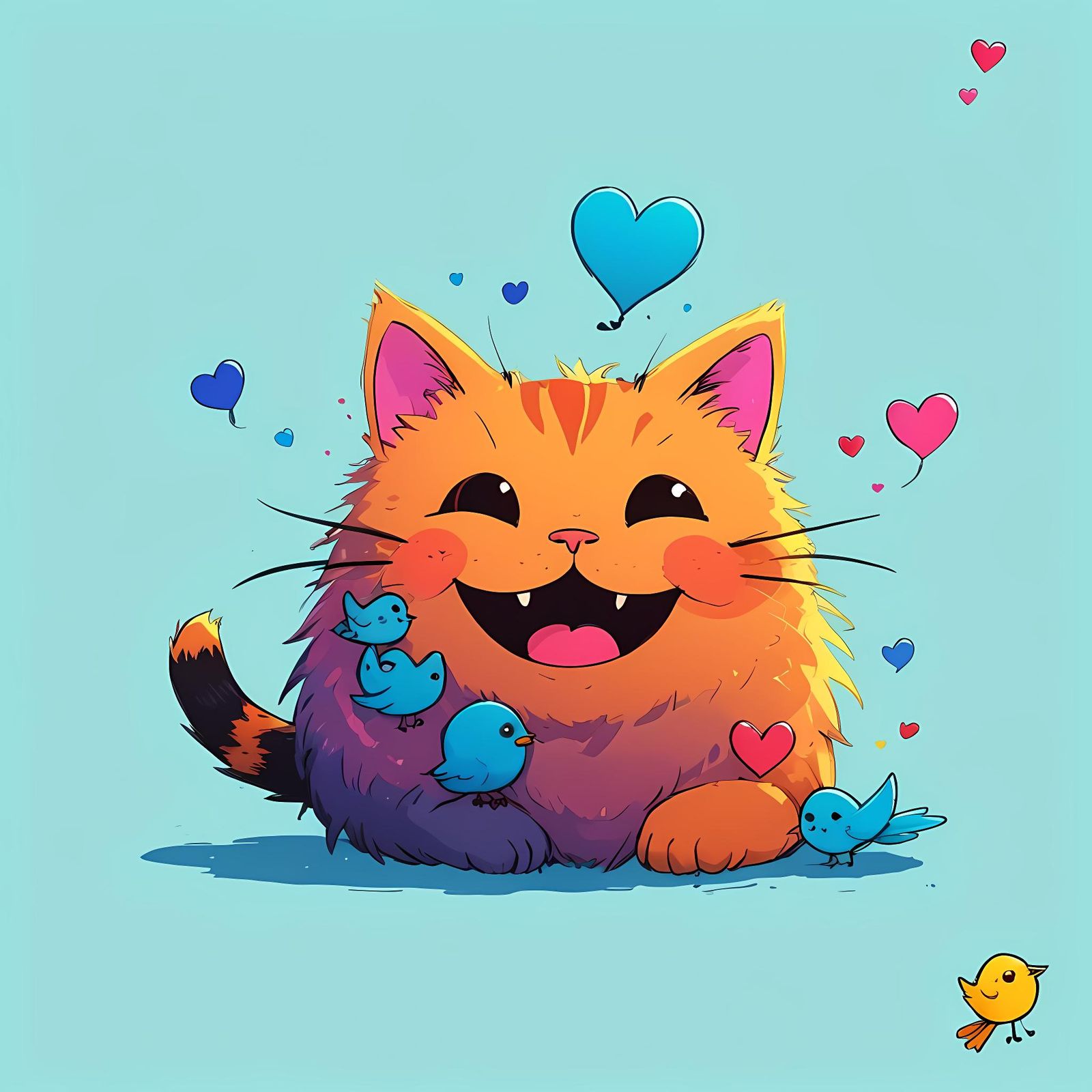 Happy Doodle Ensemble of Cat, Birds, and Hearts