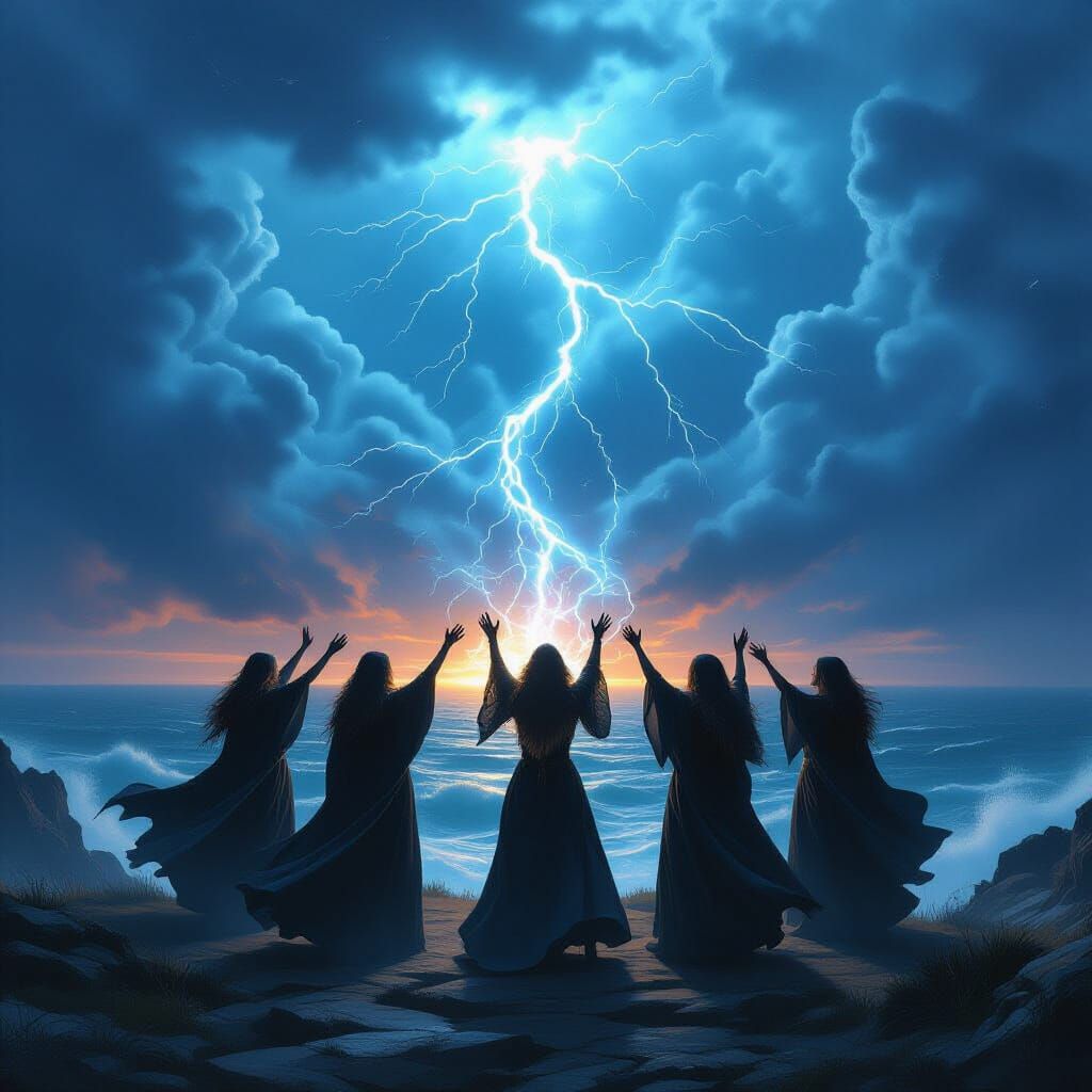 Witches Ritual on Stormy Cliff in Dark Fantasy Style