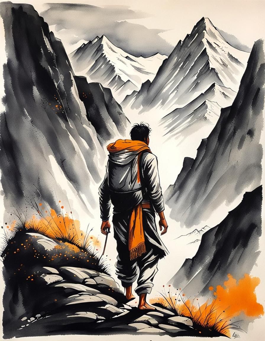 Adventurous Ink Painting Portrait in the Himalayas