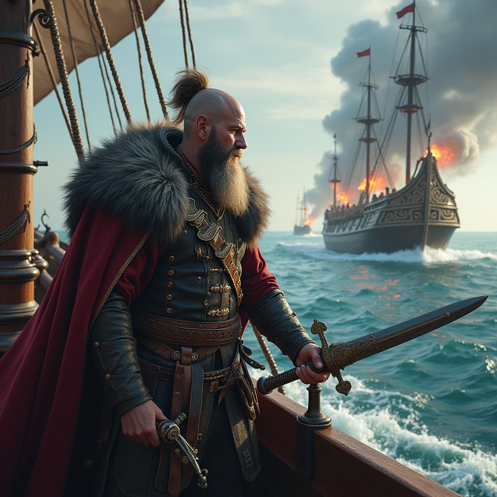 Viking Pirate Ship Battle in Epic Fantasy Style