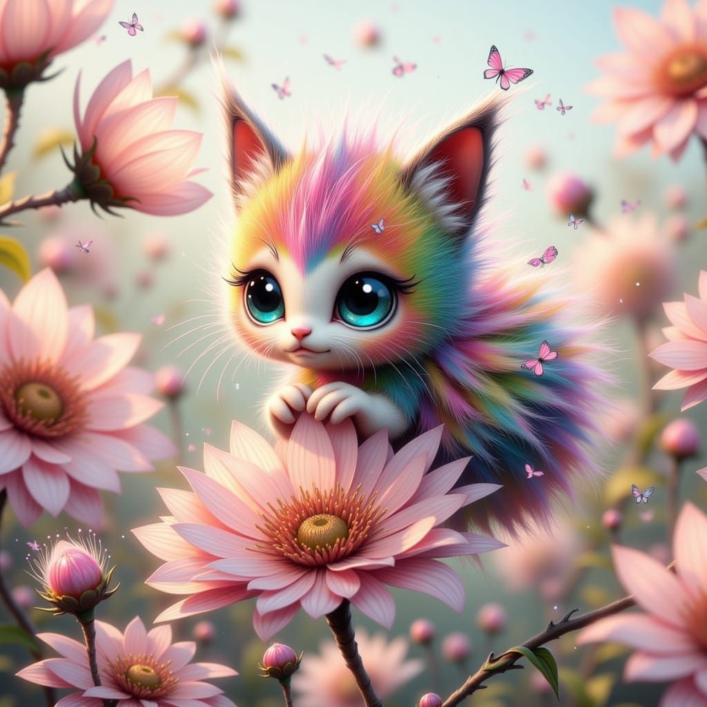 Whimsical Fae Spider Kitten on a Delicate Flower