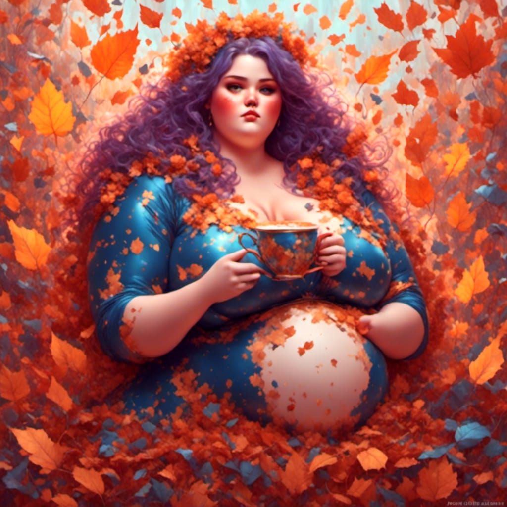 Curvy Woman Enjoying Autumn Coffee in Pastel Colors