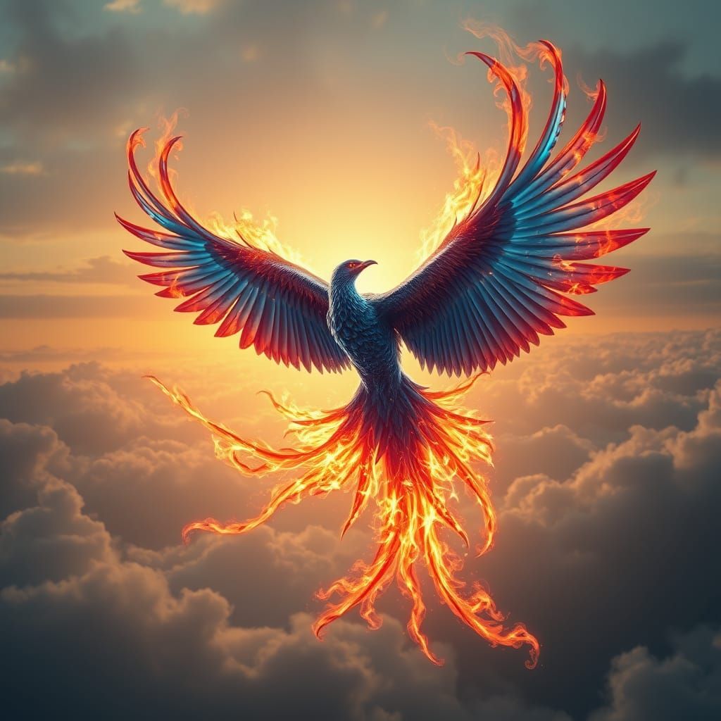 Majestic Blue Phoenix Soaring with Fiery Trails