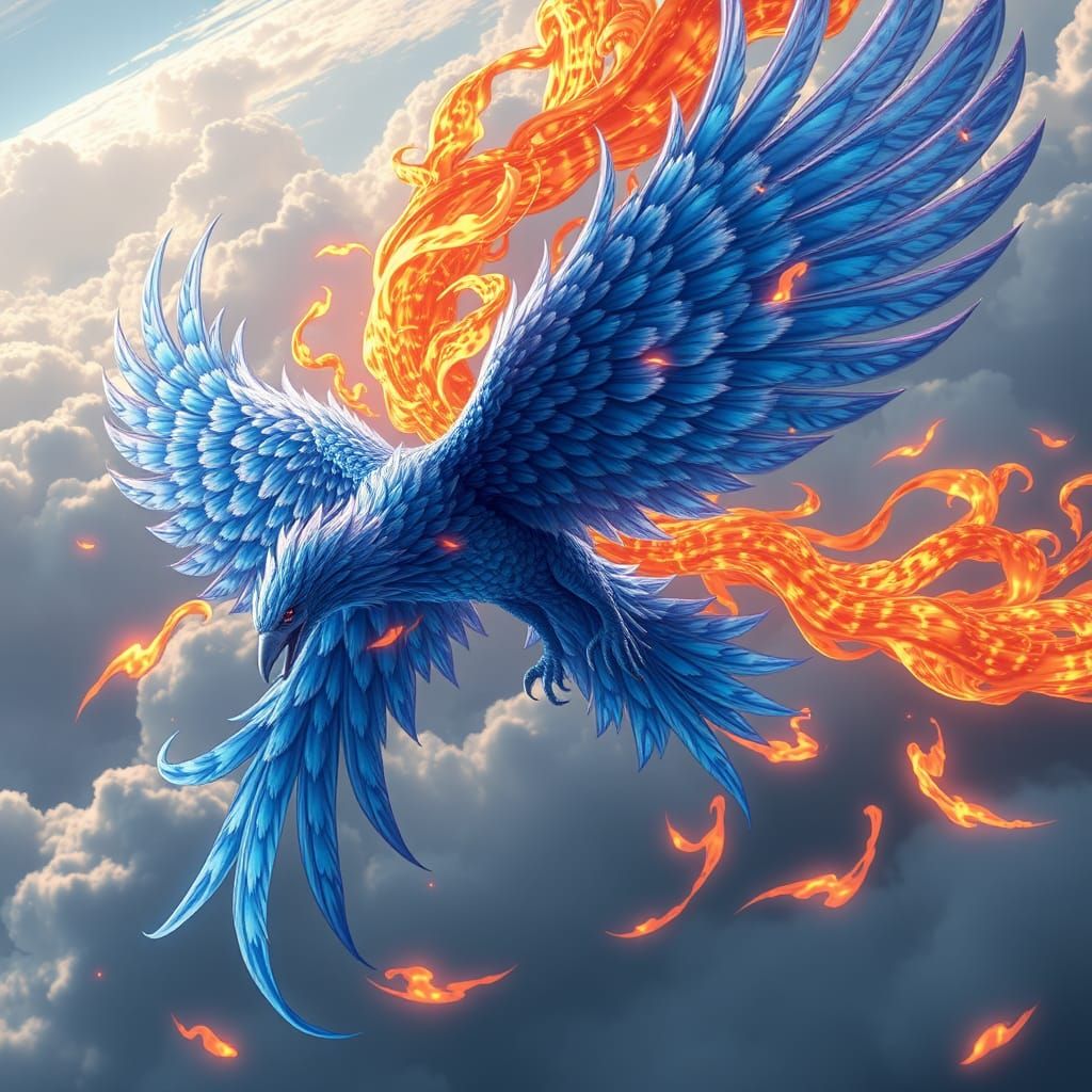 Majestic Blue Phoenix Soaring in Anime Style