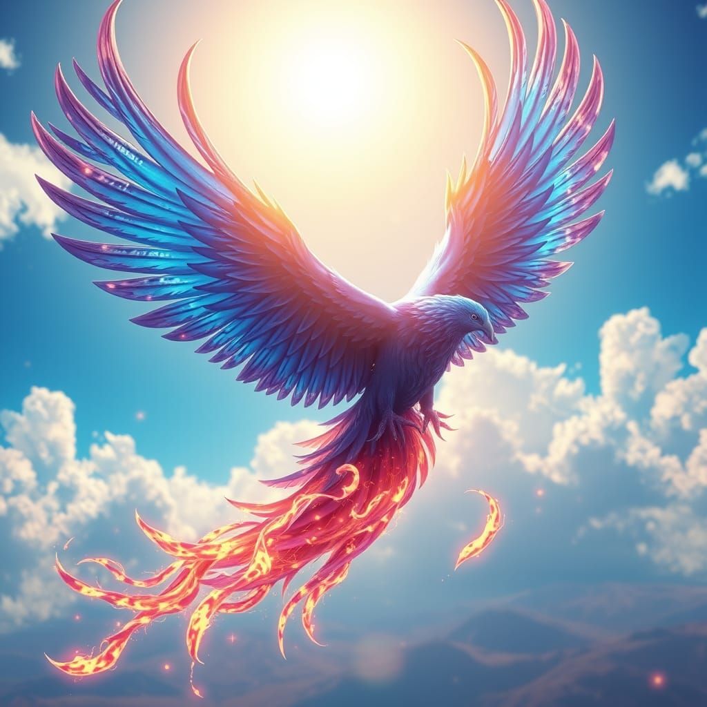 Majestic Blue Phoenix Soaring Through Fiery Sky