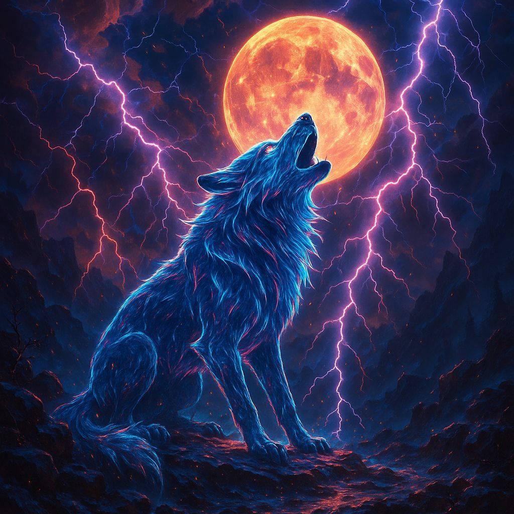 Neon Wolf Howling at Moon in Storm