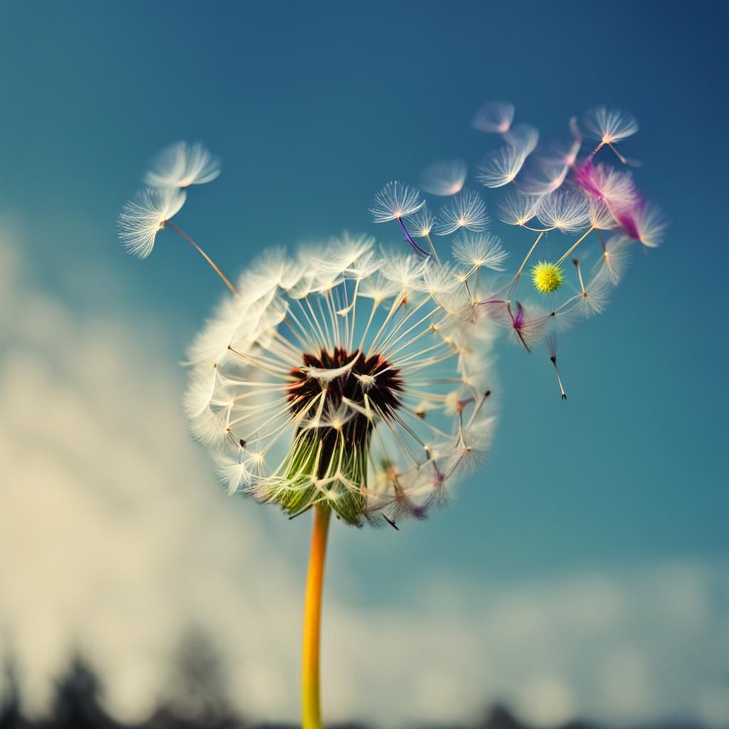 Rainbow Dandelion Seeds Soar in Colorful Flight