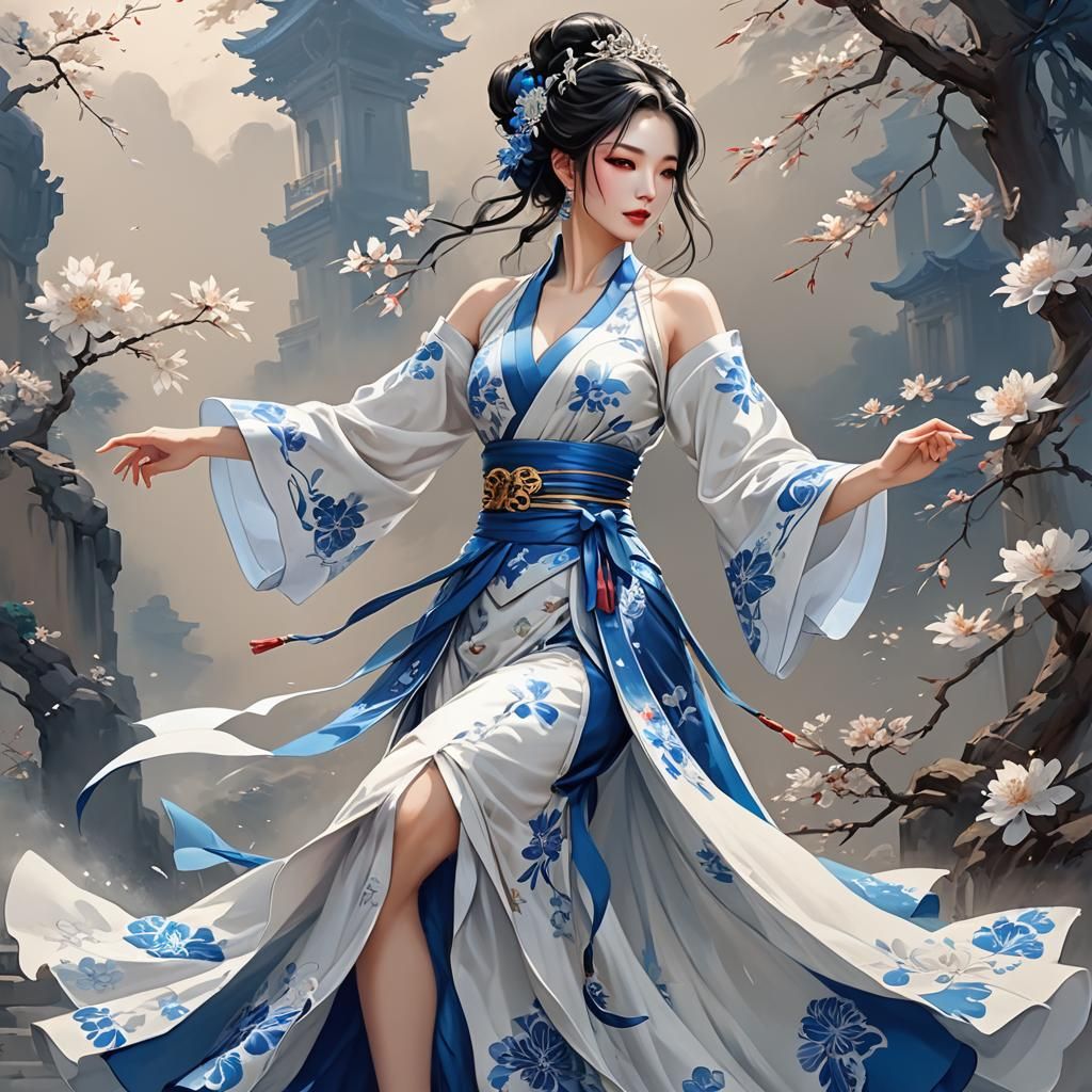 Anime Empress in Blue and White Dress: Sensual Pinup Art