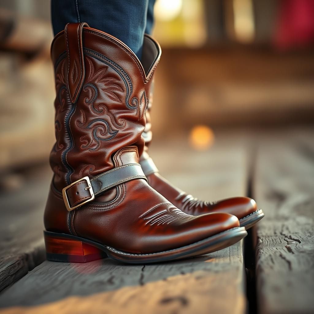 Ornate Leather Cowboy Boots in Golden Light