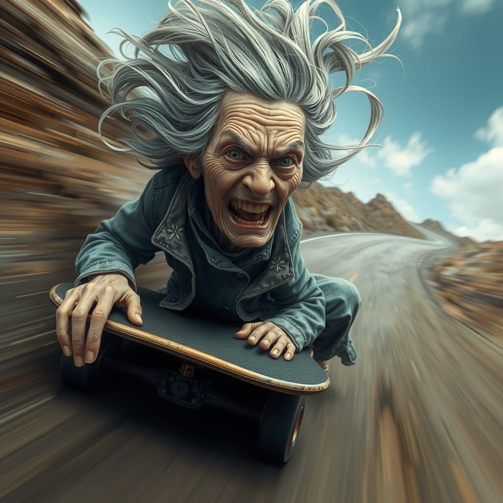 Hyperrealistic Old Woman Skateboarder Caricature