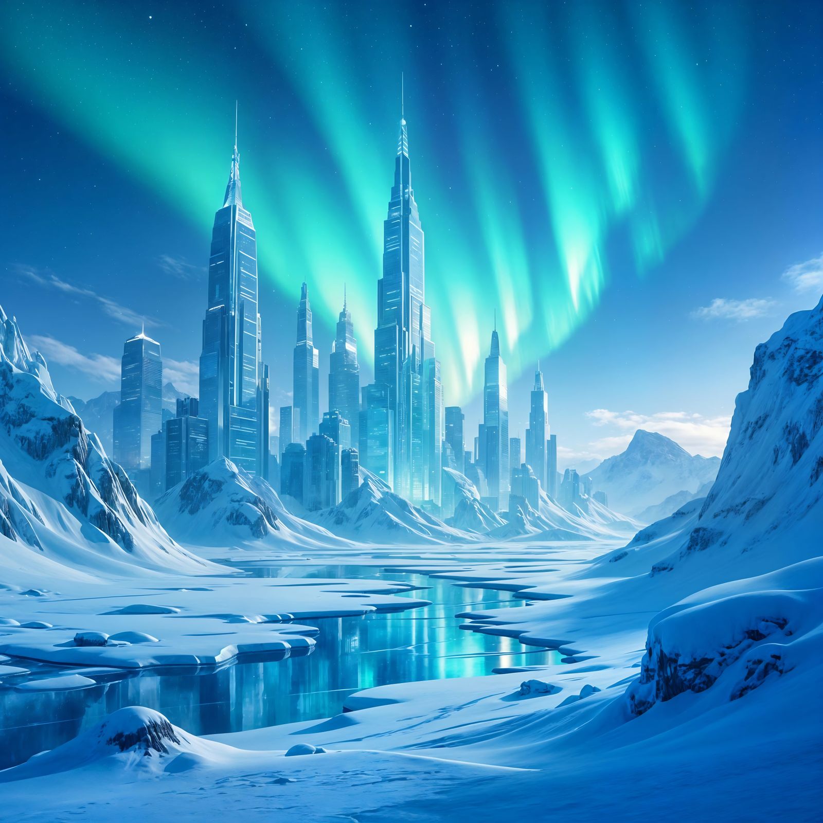 Ancient Ice City Under Aurora Sky Photorealistic Painting