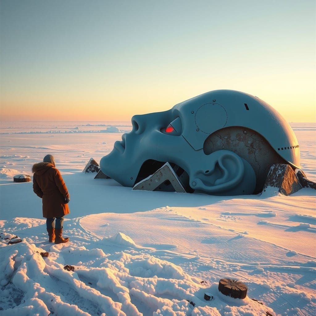 Cyberpunk Landscape with Robotic Giant Buried in Ice