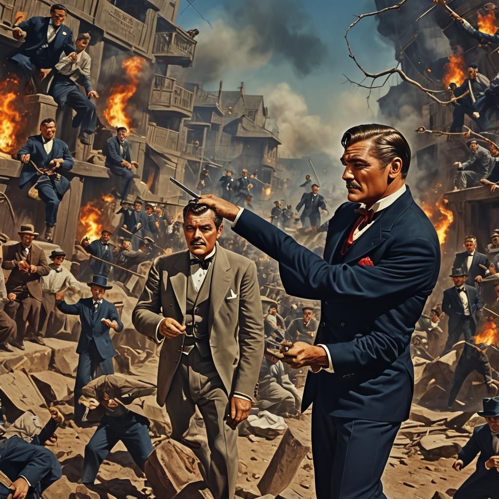 Gable vs Heston: A Tuxedo Fight in Matte Painting Style