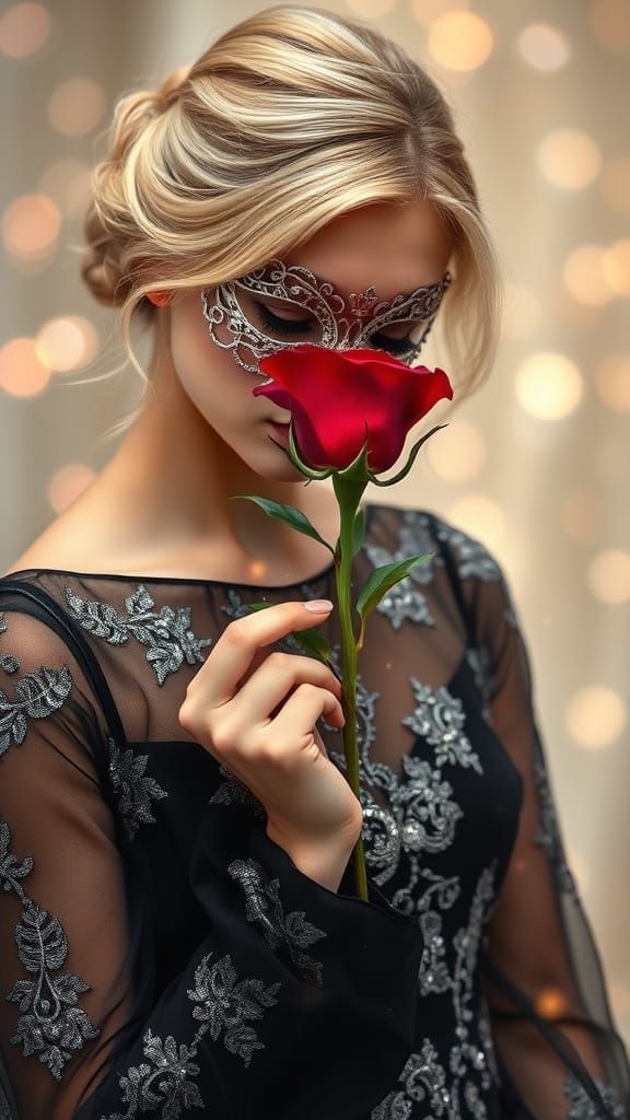 Ethereal Woman in Black Dress with Silver Filigree Mask and ...