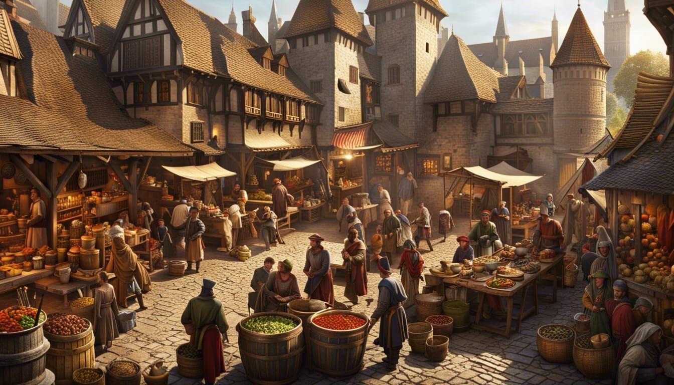 Bustling Medieval Marketplace with Castle Towers
