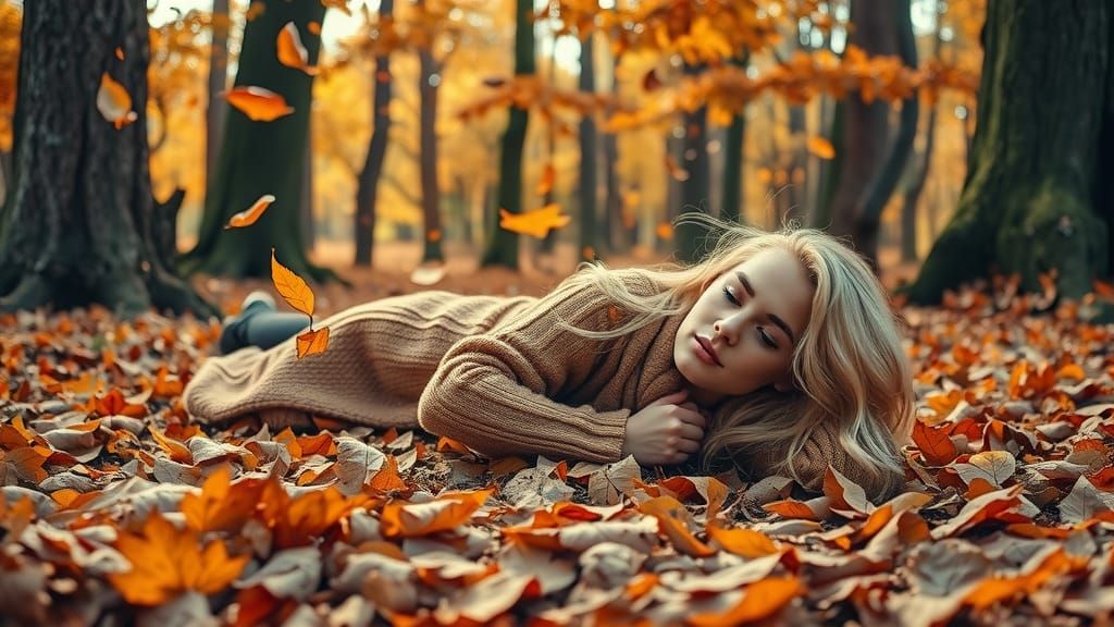 Autumn Serenity: Woman in Forest of Fallen Leaves
