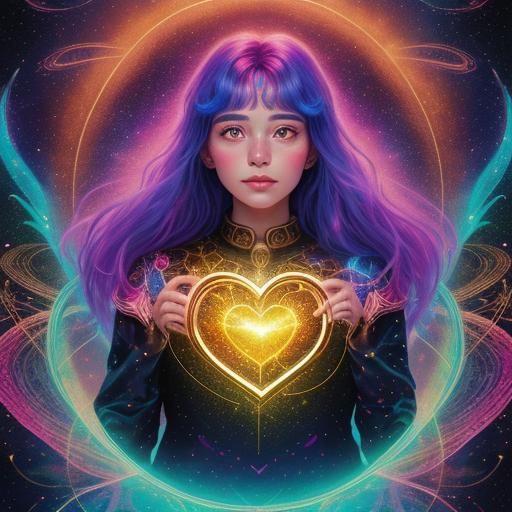 Holographic Heart of Gold: Cosmic Astral Illustration