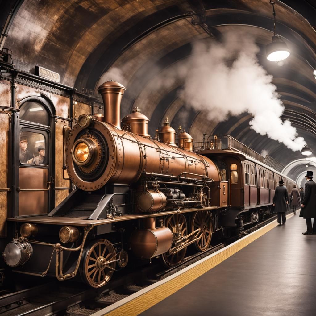 Steampunk Train Arriving at Underground Station