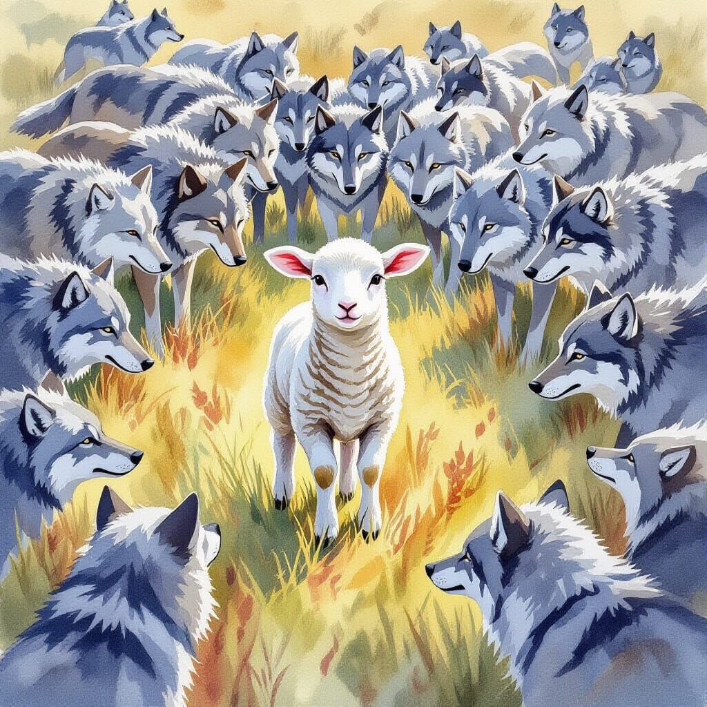 Lamb Surrounded by Wolves: Watercolor Painting