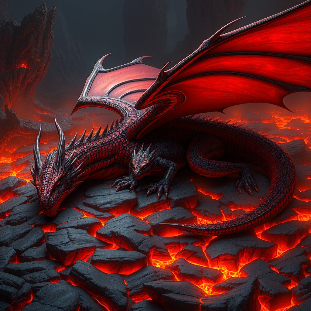 Realistic Fantasy Dragon Laying on Lava in Epic, High-Fantas...