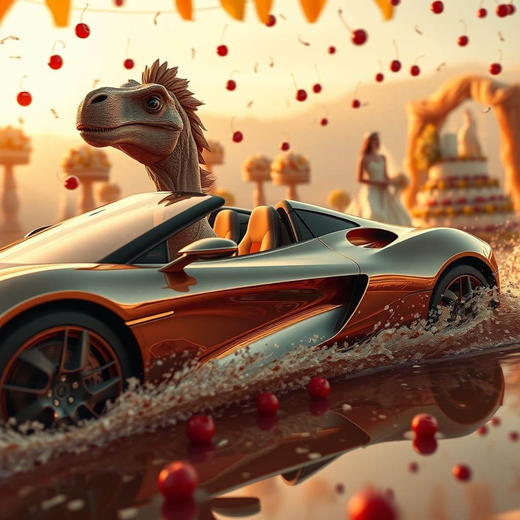 Camel Dinosaur Drives Supercar Past Sunset Wedding